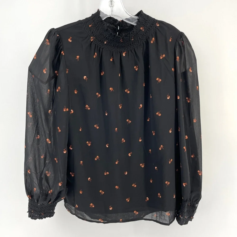 Madewell Smocked Mockneck Long Sleeve Top Black Floral Sheer Chiffon Small S